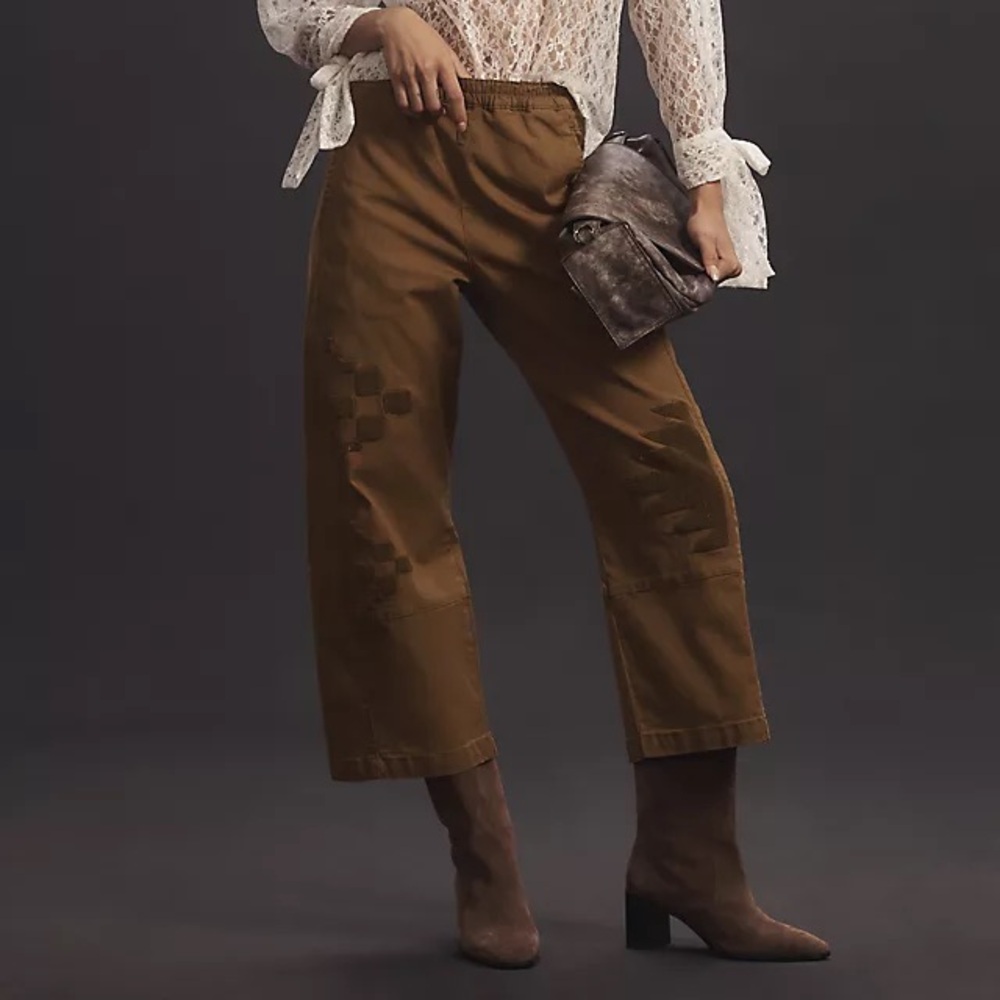 Anthropologie Chestnut Wide-Leg Cropped Pants with Checker Detail